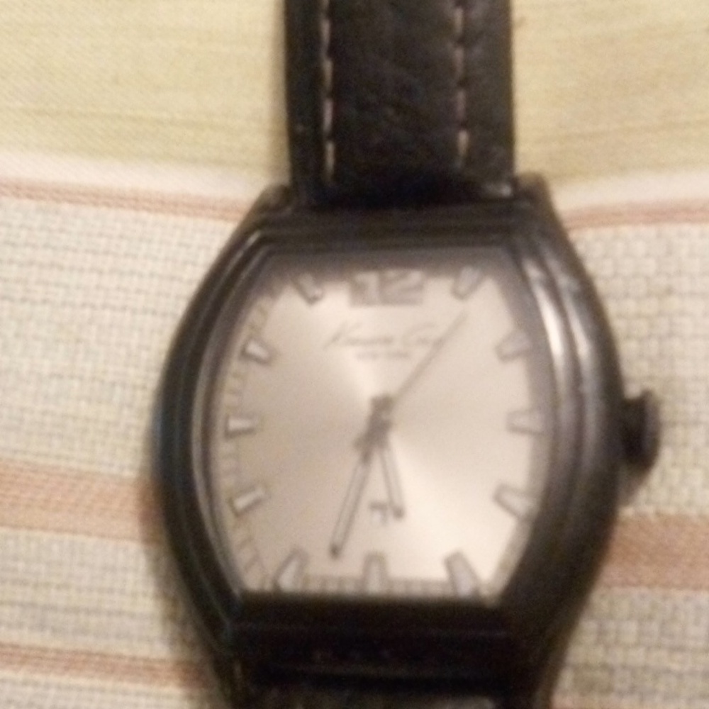 Kenneth Cole NY Black Leather Strap Watch with Silver Dial